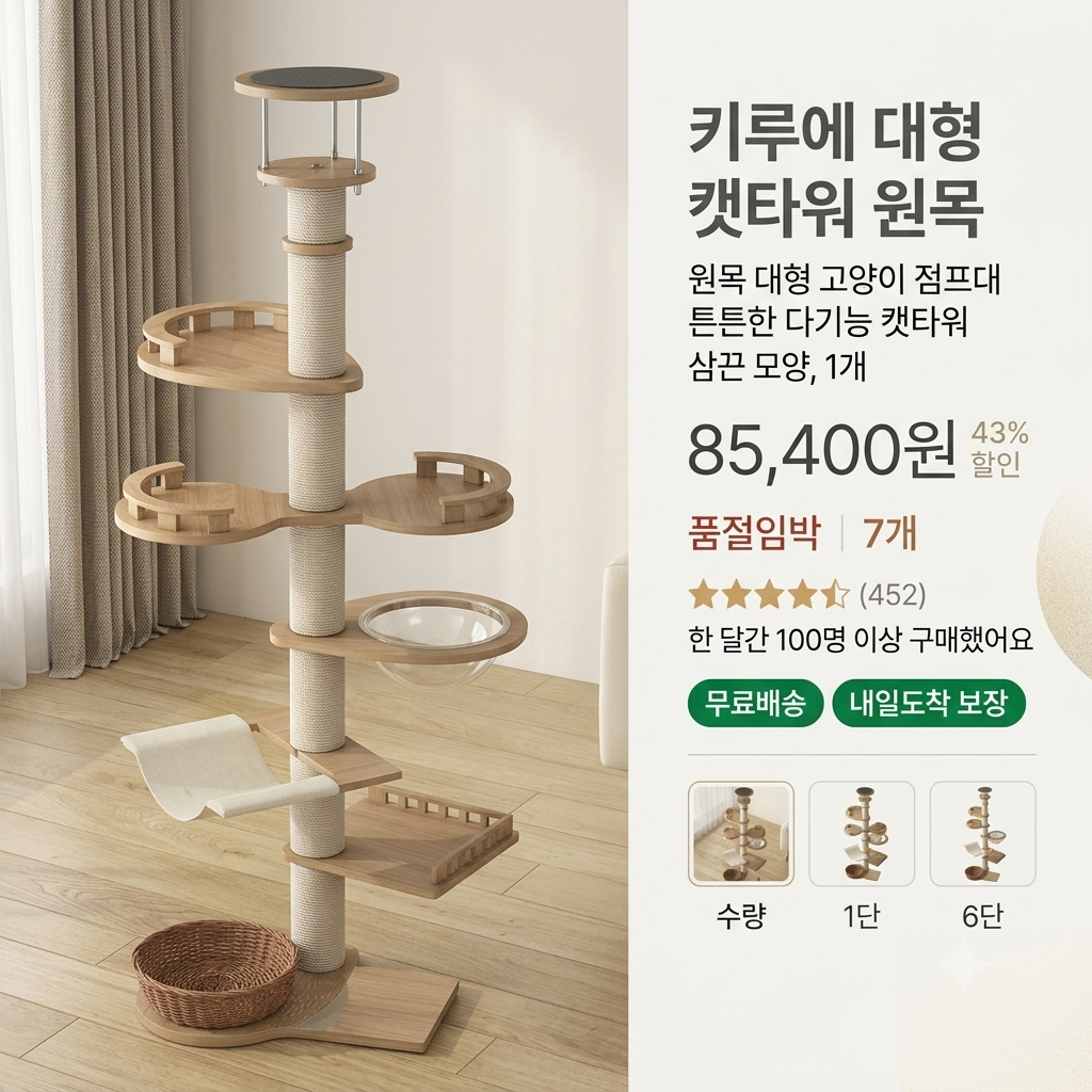 키루에 대형 캣타워 원목 대형 고양이 점프대 튼튼한 다기능 직조 캣타워, 삼끈 모양, 1개 제품 이미지