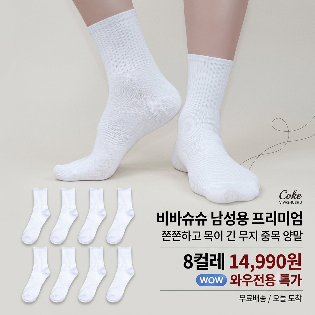 비바슈슈 남성용 쫀쫀하고 목이 긴 무지 중목 양말 8켤레 제품 이미지