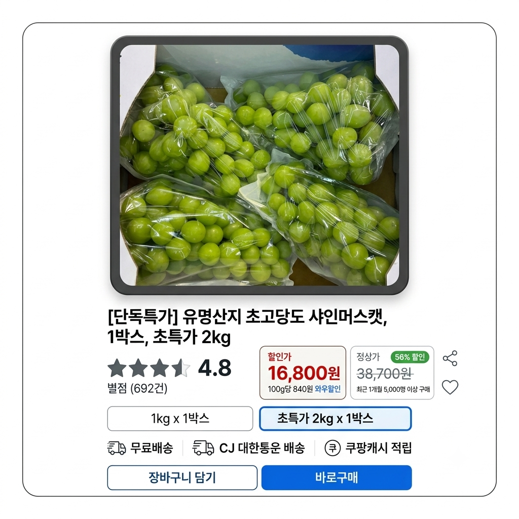 [단독특가] 유명산지 초고당도 샤인머스캣, 1박스, 초특가 2kg 제품 이미지